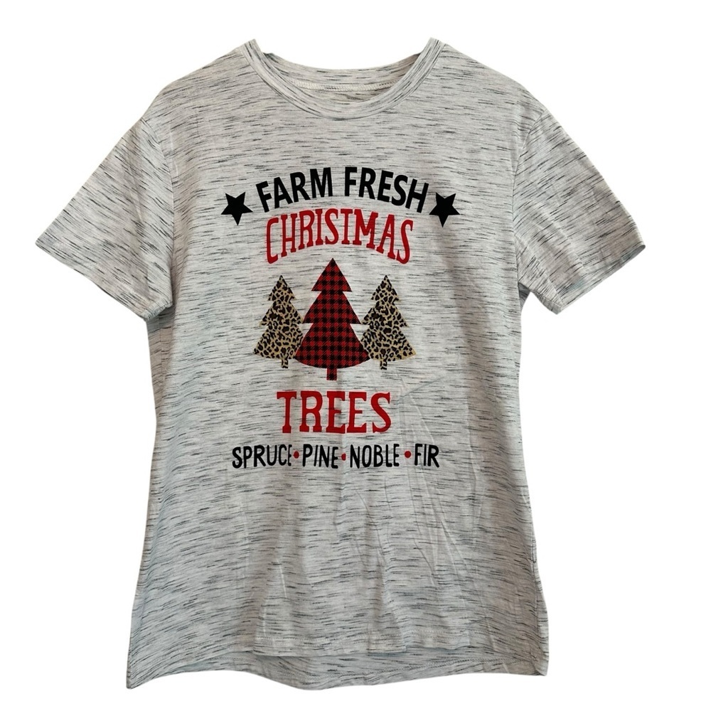 NEW Women's XL Grey "Farm Fresh Christmas Trees" Holiday Festive Casual T-Shirt